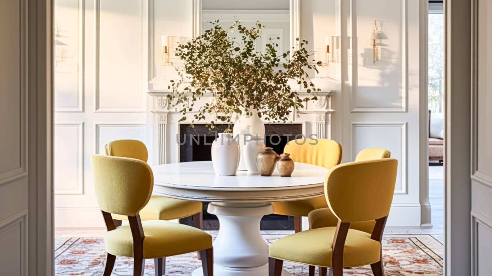 Modern cottage dining room decor, interior design and country house furniture, home decor, table and yellow chairs, English countryside style interiors