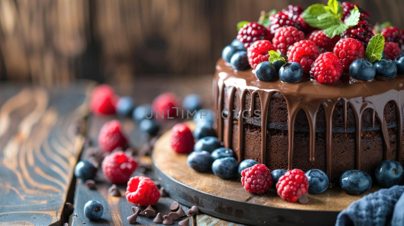 A chocolate cake with blueberries and raspberries on top indulgence for a Chocolate Day banner.