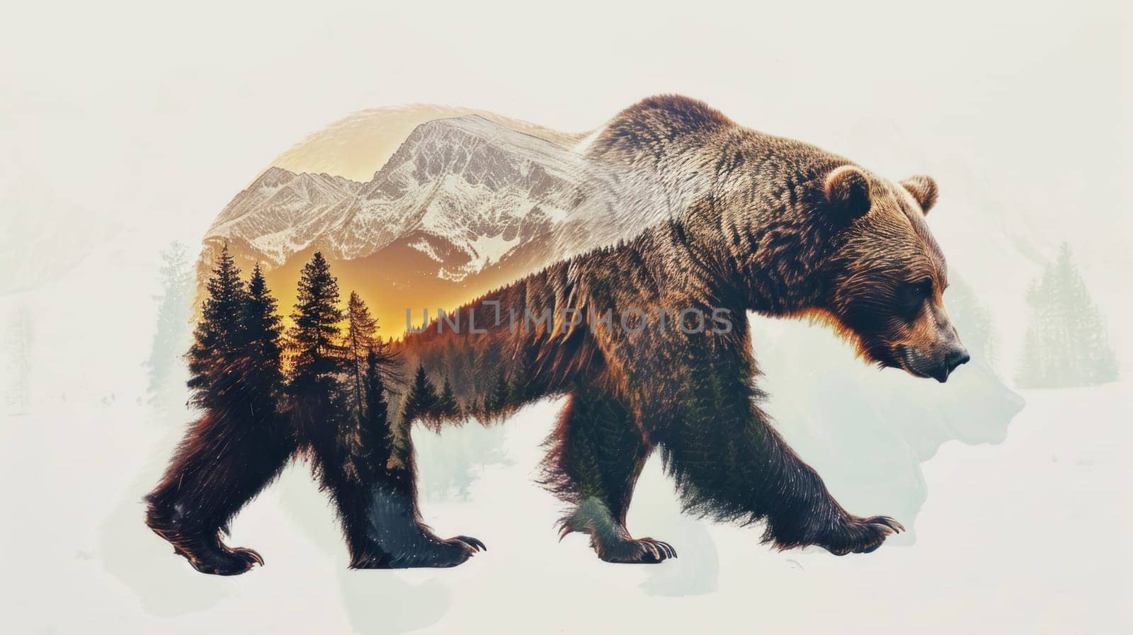 Brown bear in double exposure with taiga forest and mountain scenery.
