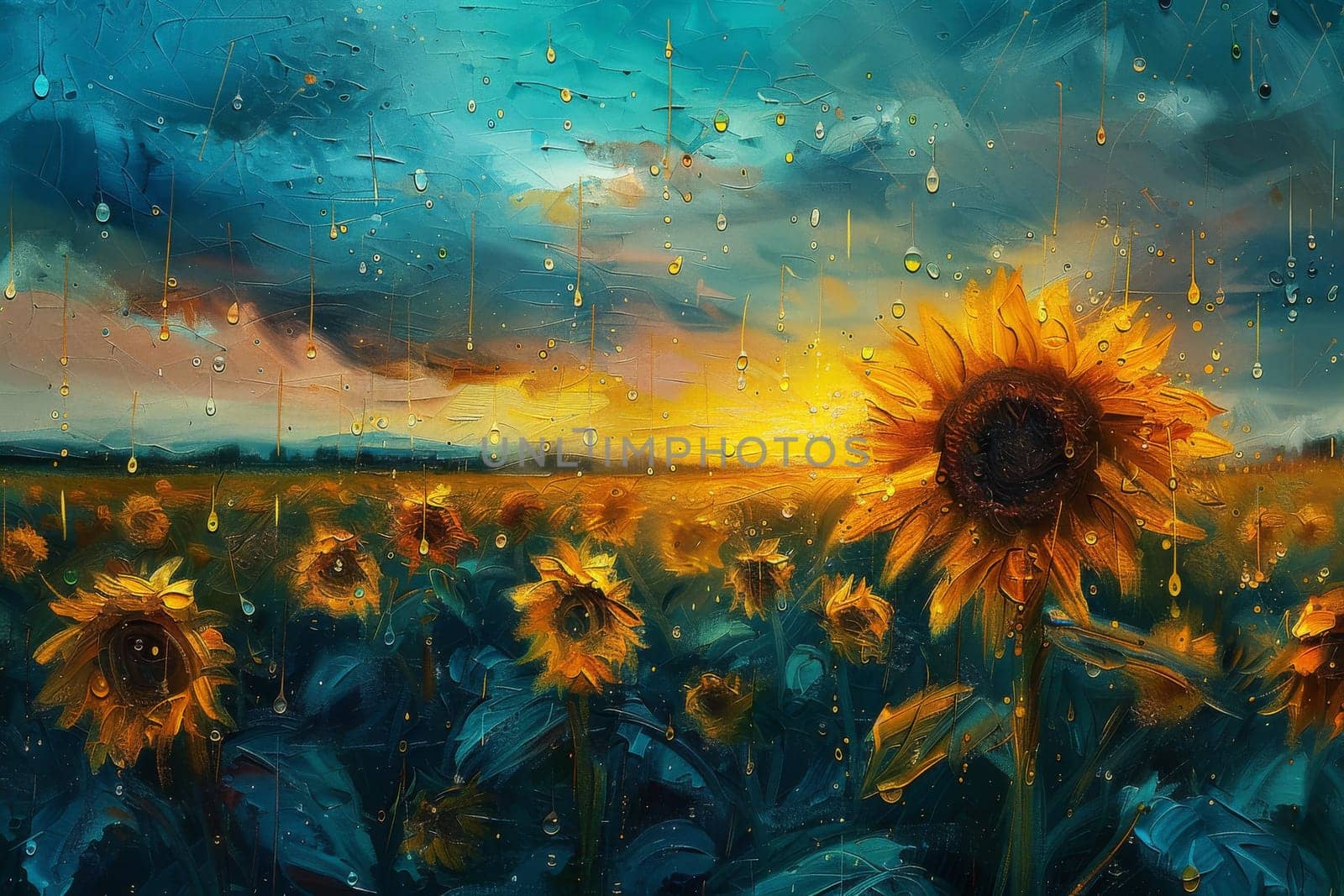 A painting of a field of sunflowers with a cloudy sky in the background. The painting conveys a sense of tranquility and beauty, as the sunflowers are the main focus