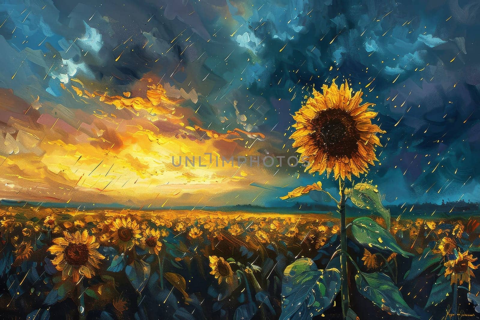 A painting of a field of sunflowers with a cloudy sky in the background. The painting conveys a sense of tranquility and beauty, as the sunflowers are the main focus