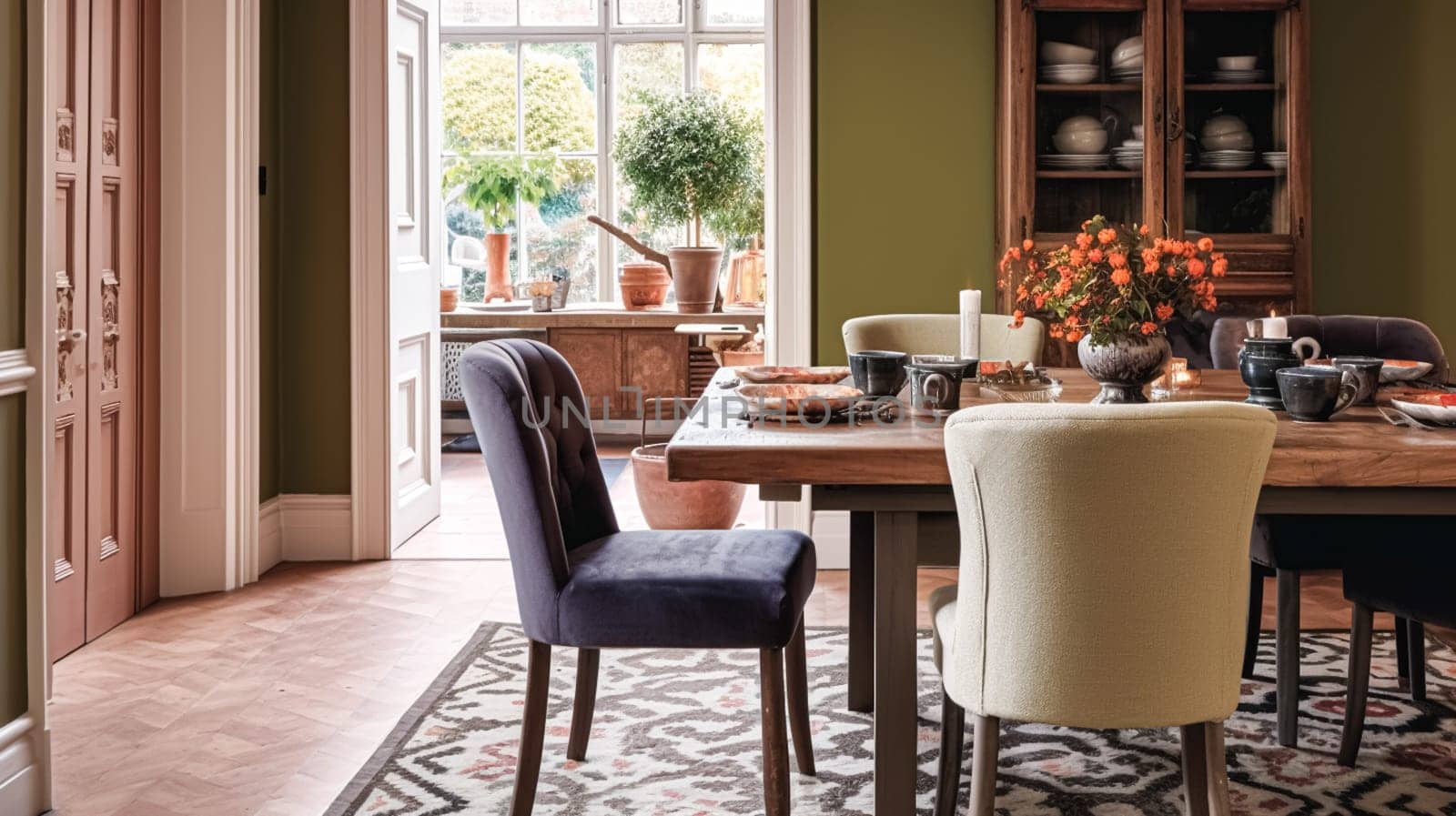 Elegant cottage dining room decor, interior design and country house furniture, home decor, table and chairs, English countryside style interiors