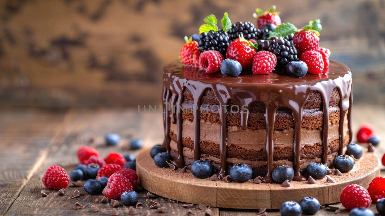 A chocolate cake with blueberries and raspberries on top indulgence for a Chocolate Day banner.