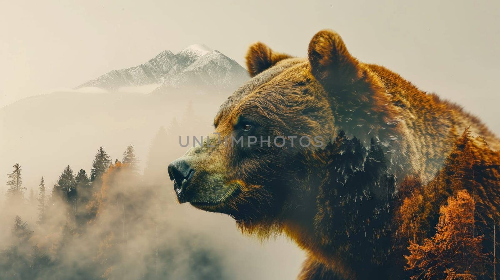 Brown bear in double exposure with taiga forest and mountain scenery.