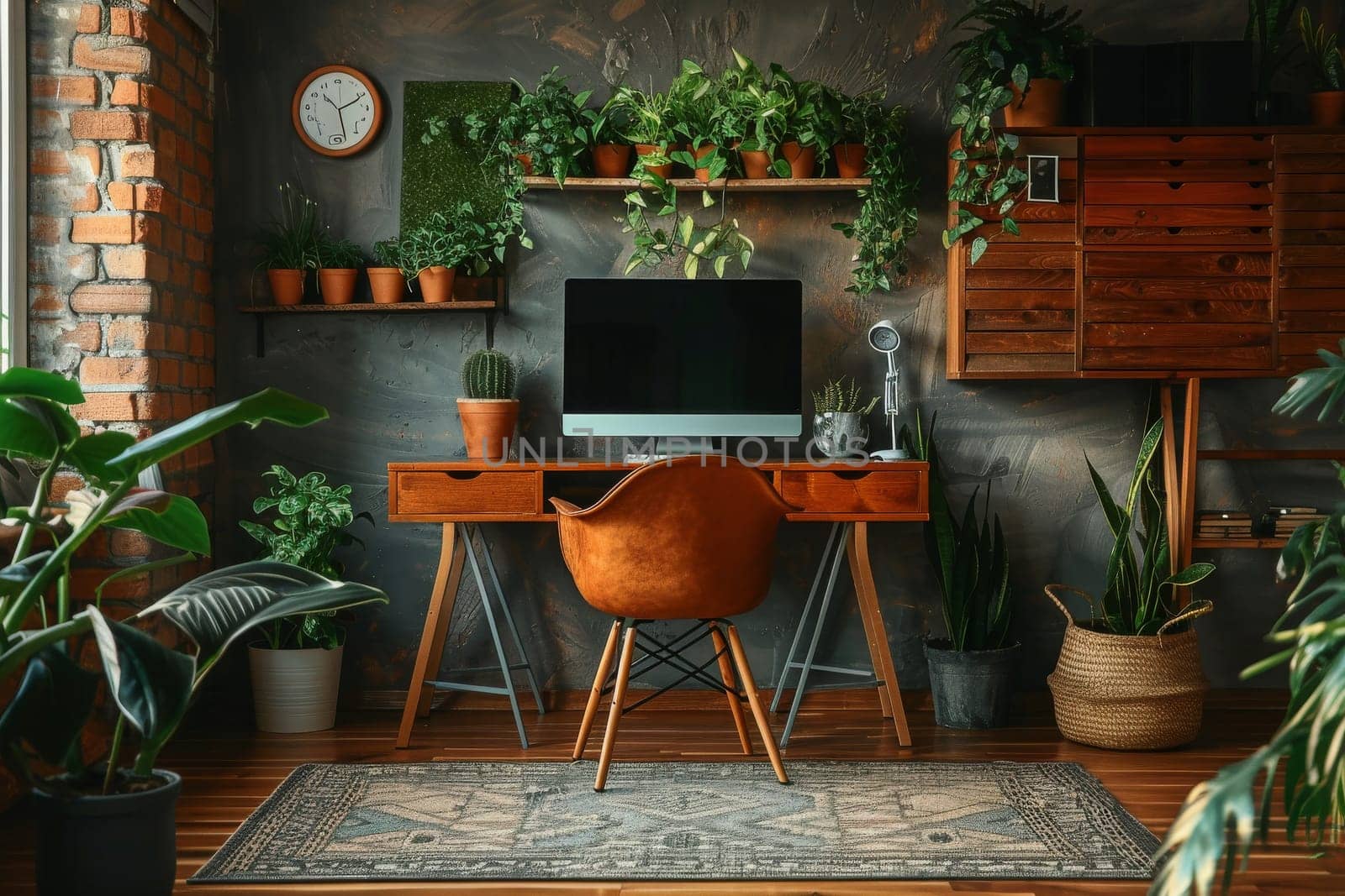 A small office with a wooden desk and chair, a computer monitor, and a potted plant