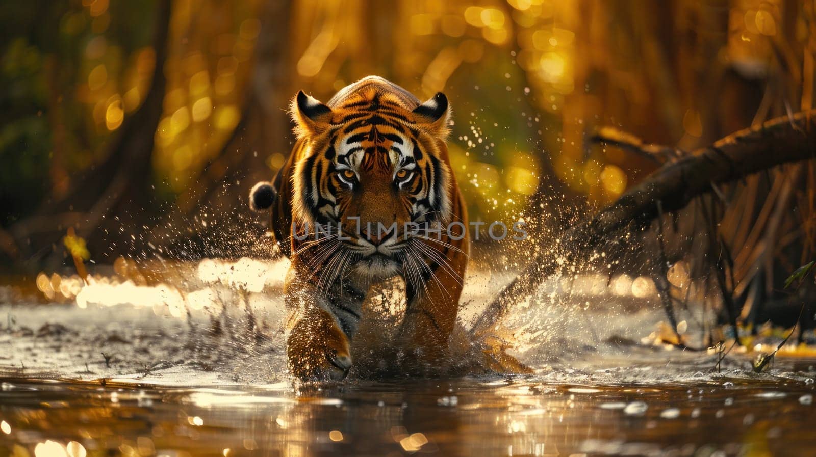 A tiger is running through the water, leaving a trail of splashes behind it.