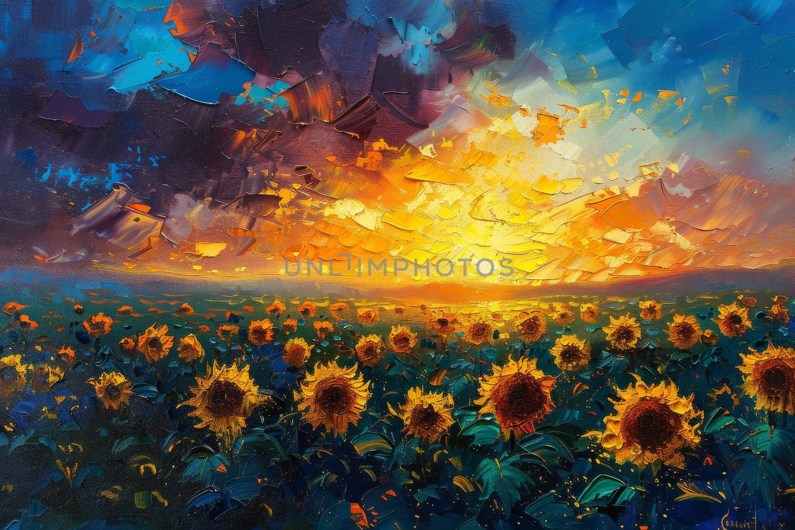 A painting of a field of sunflowers with a cloudy sky in the background. The painting conveys a sense of tranquility and beauty, as the sunflowers are the main focus