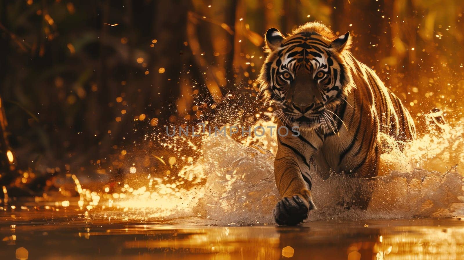 A tiger is running through the water, leaving a trail of splashes behind it. The scene is dynamic and full of energy, with the tiger's movements creating a sense of motion and excitement