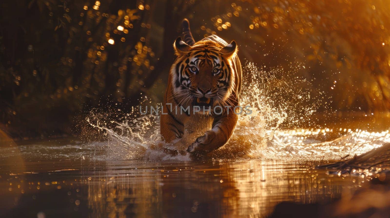 A tiger is running through the water, leaving a trail of splashes behind it.