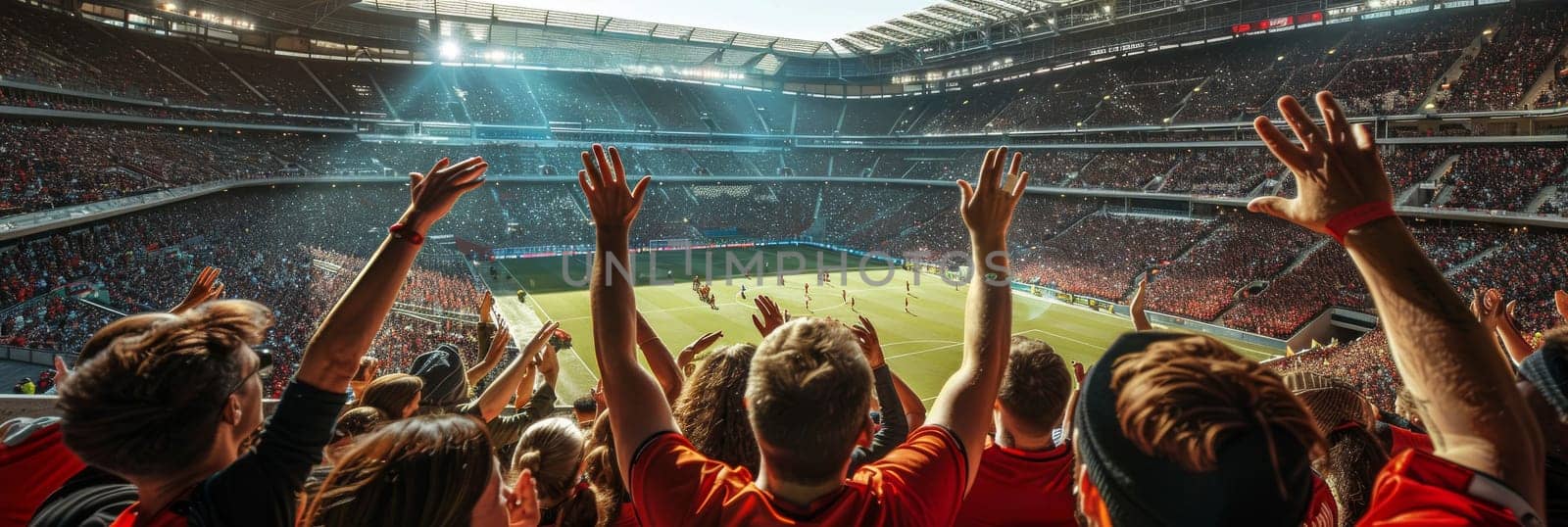 Sports fans cheering during a match in a stadium