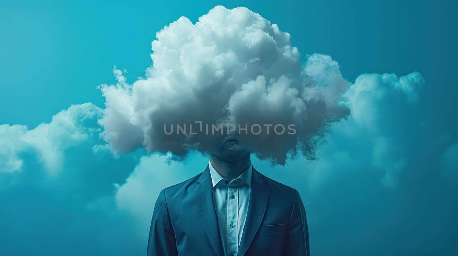 Individual in Suit with Fluffy Cloud Head on Bright Blue Background Concept Surreal Advertising Content Space.