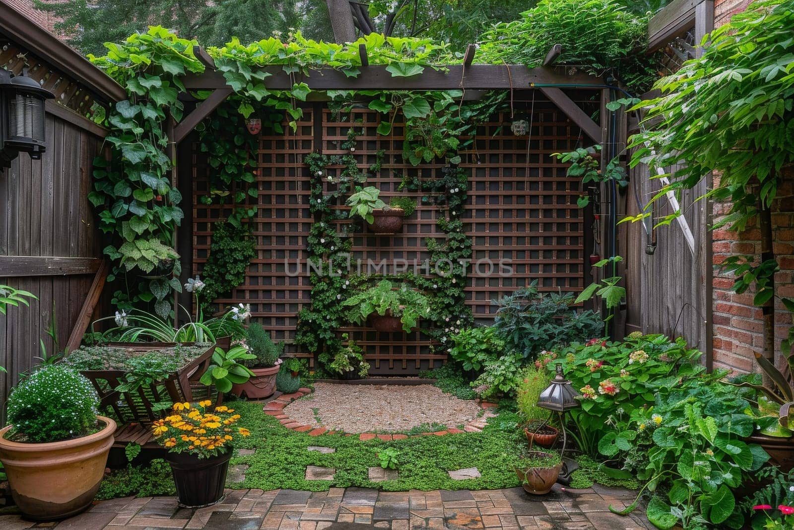 A small garden with a wooden fence and a trellis. The trellis is covered with vines and has a few potted plants