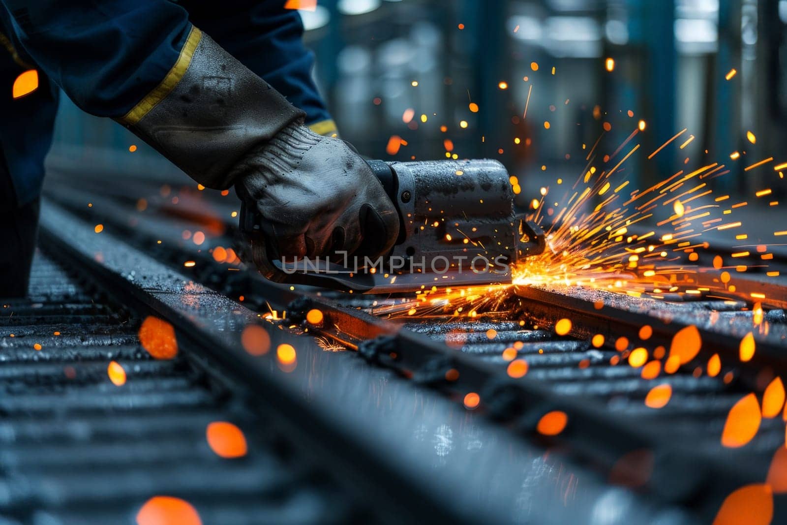 a skilled worker using an angle grinder on a piece of metal.