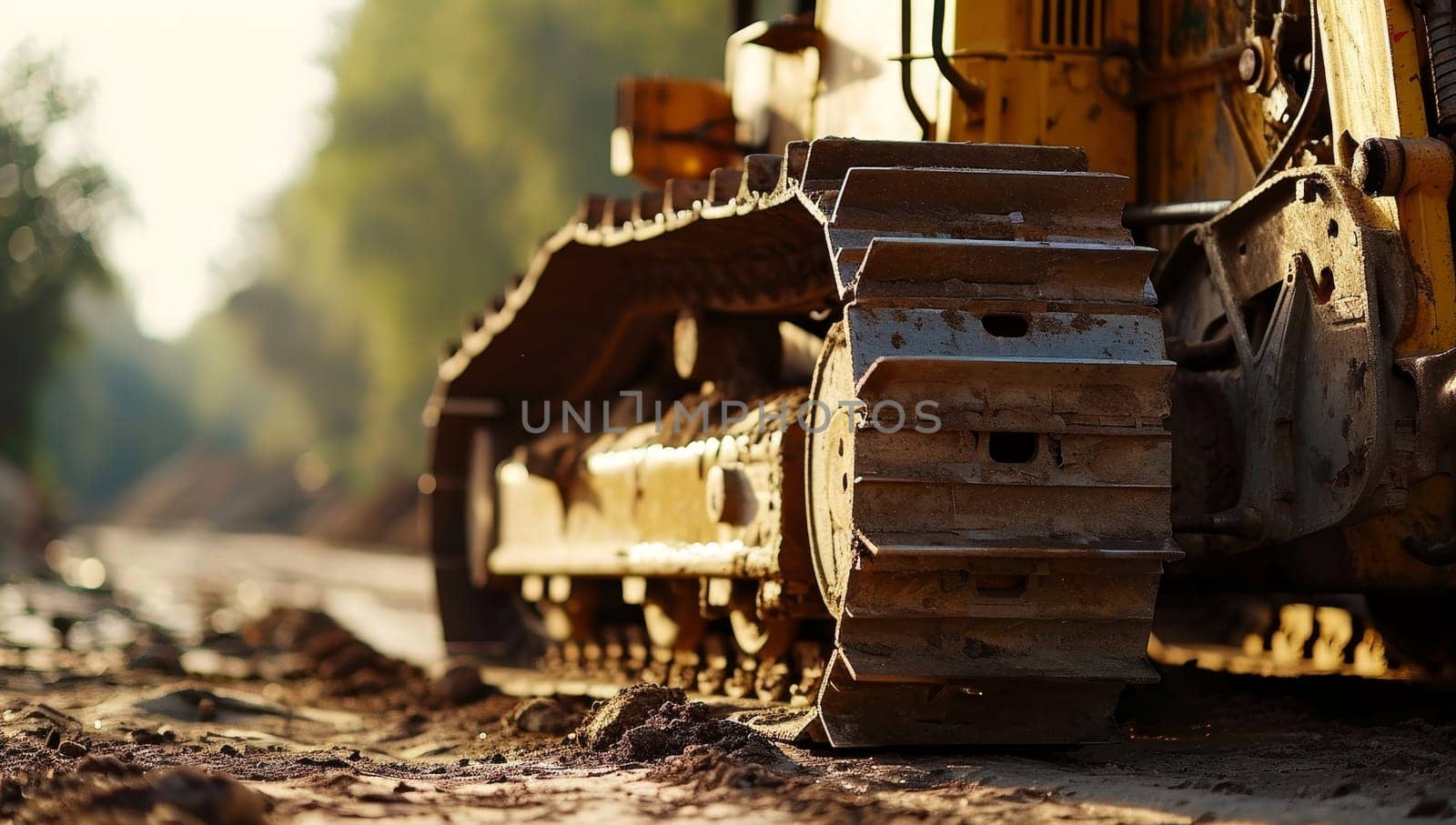 Detail of a bulldozer working on a road construction site.