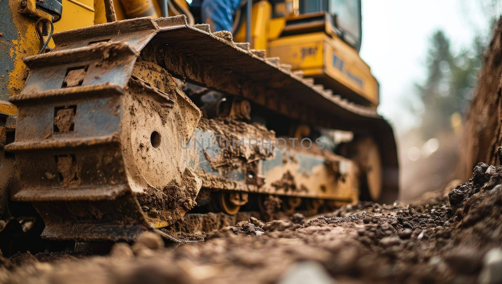Closeup of bulldozer track and blade at construction site