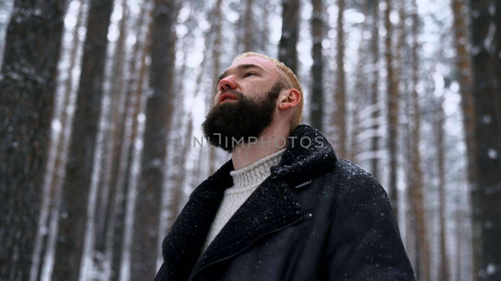 Lone man walking through snow. Media. Young guy with snow on his jacket feeling alone and isolated in cold forest