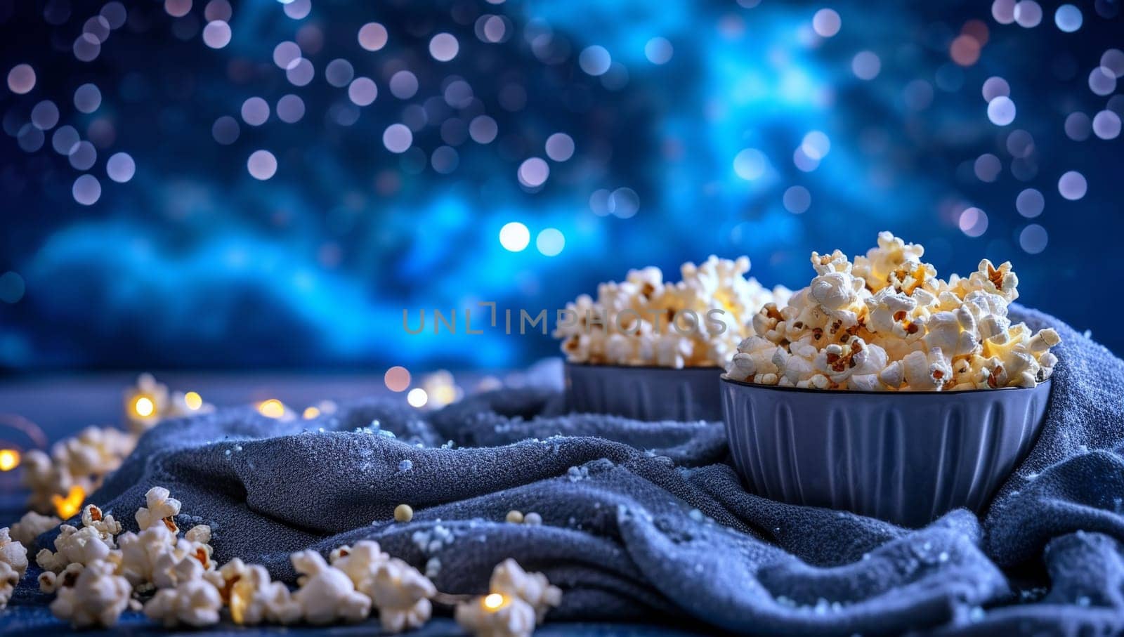 Popcorn in bowls under blue lights