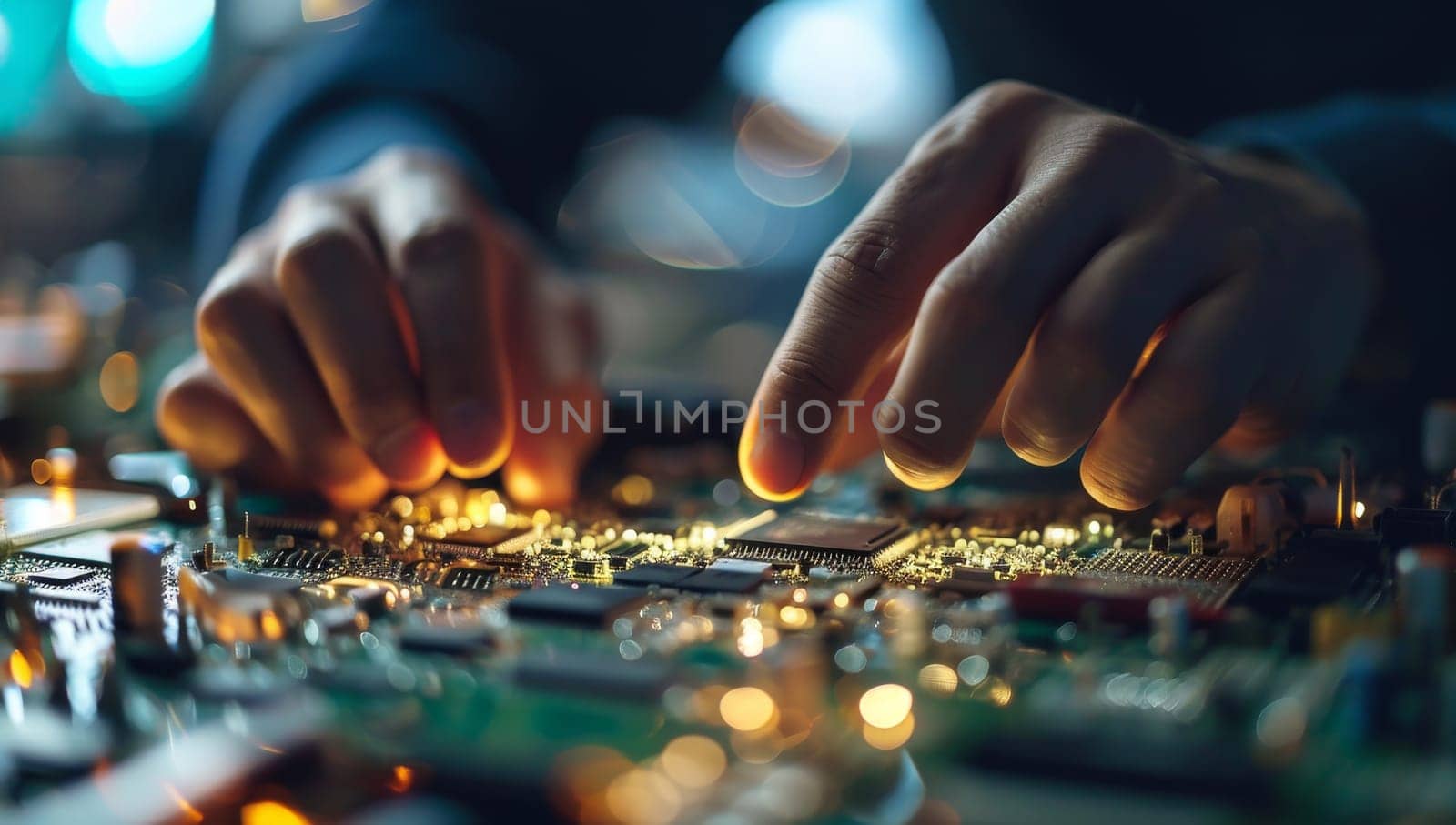Close up of hands working on an intricate electronic circuit board