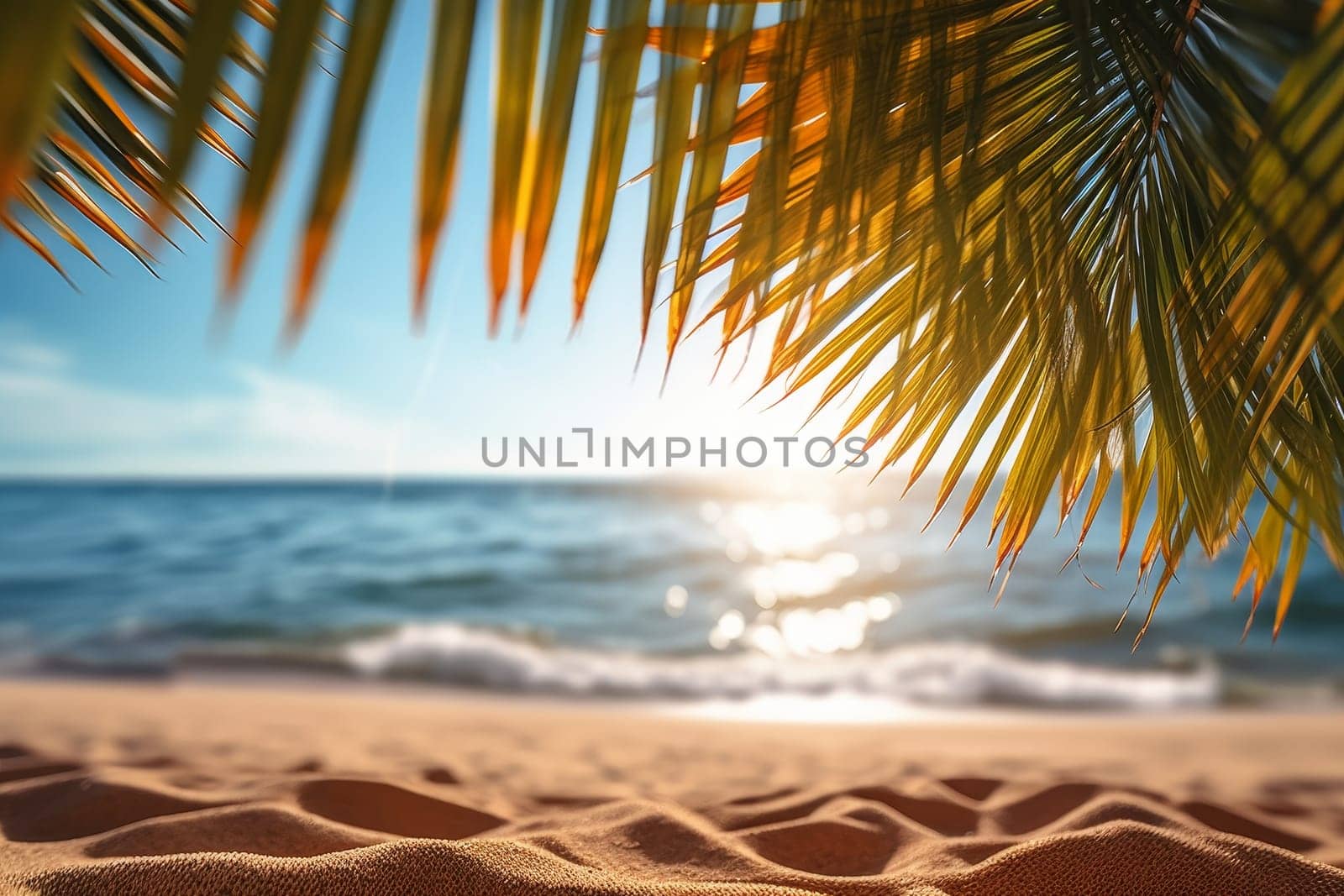Palm leaf on sandy beach with sea and sky background. Summer vacation concept