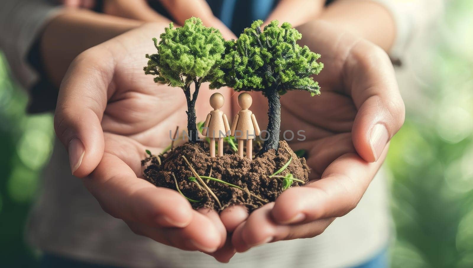 Hands holding soil with miniature tree and wooden figures. Eco friendly concept