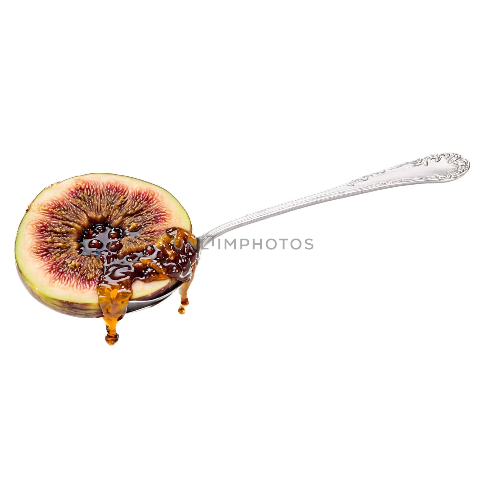Fig jam swirl seeds and glossy twirling off a spoon with fig halves tumbling Food. Food isolated on transparent background.