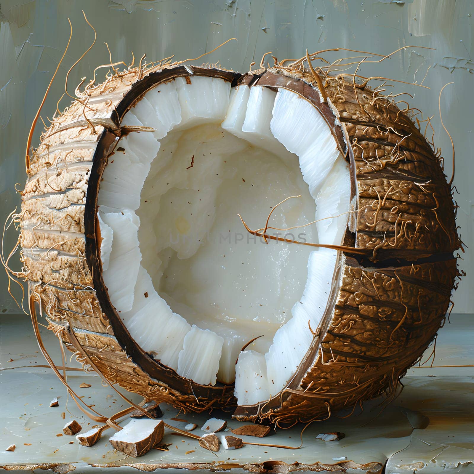 A coconut, a terrestrial plant ingredient, is halved on a wooden table. The circular fruit comes from a coconut tree and can be used in various dishes in cuisine