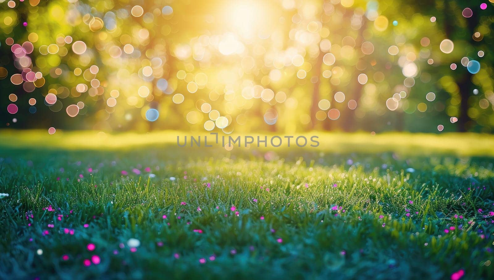 Sunlit green grass with colorful bokeh lights
