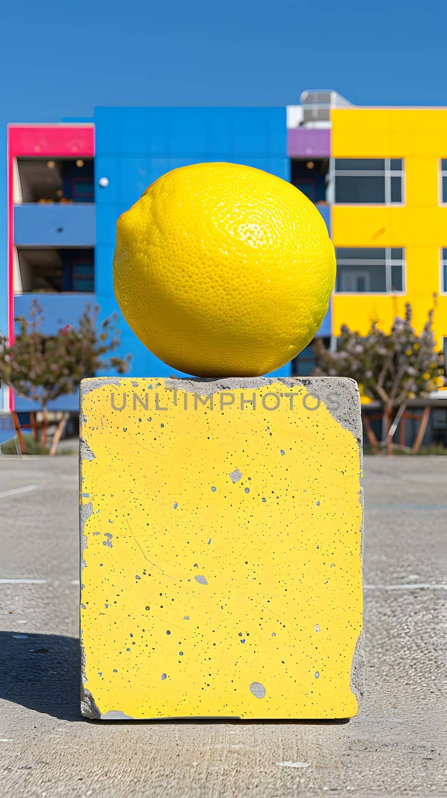 During the daytime, a large yellow lemon is placed on a yellow block near a building with a yellow asphalt road surface. The sky is clear, and a world landmark can be seen through a window