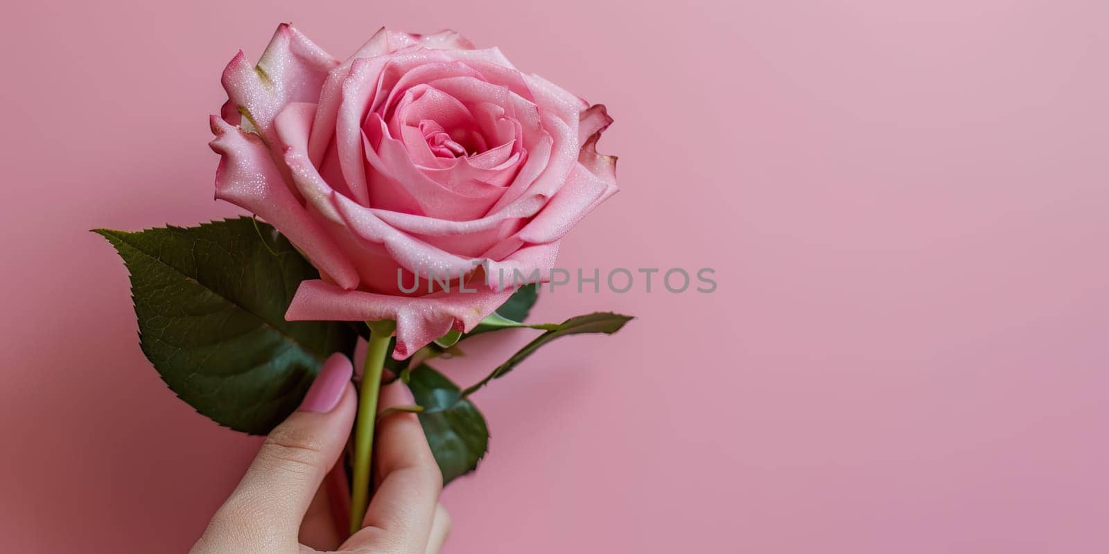 Female hand holding a pink rose on a pink background with copy space