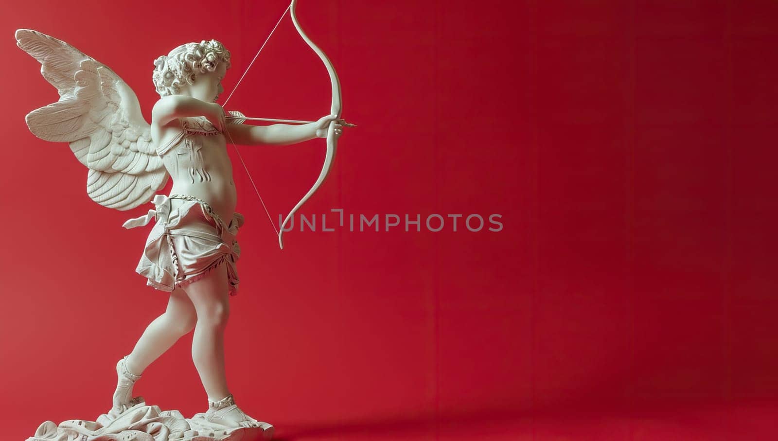 Cupid statue aiming arrow against red background