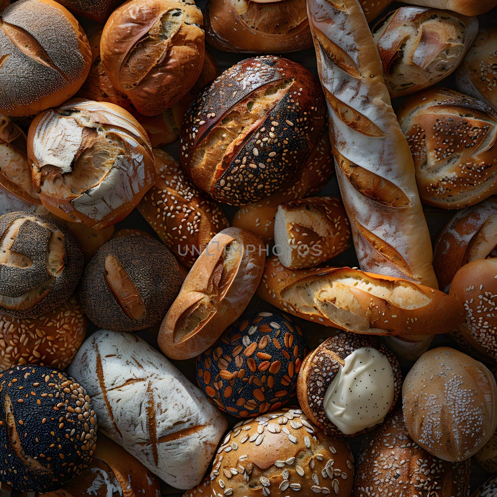 A variety of artisan breads made with different ingredients like seeds, beans, and cocoa beans are stacked on top of each other, showcasing the natural foods and cuisine made with care and precision