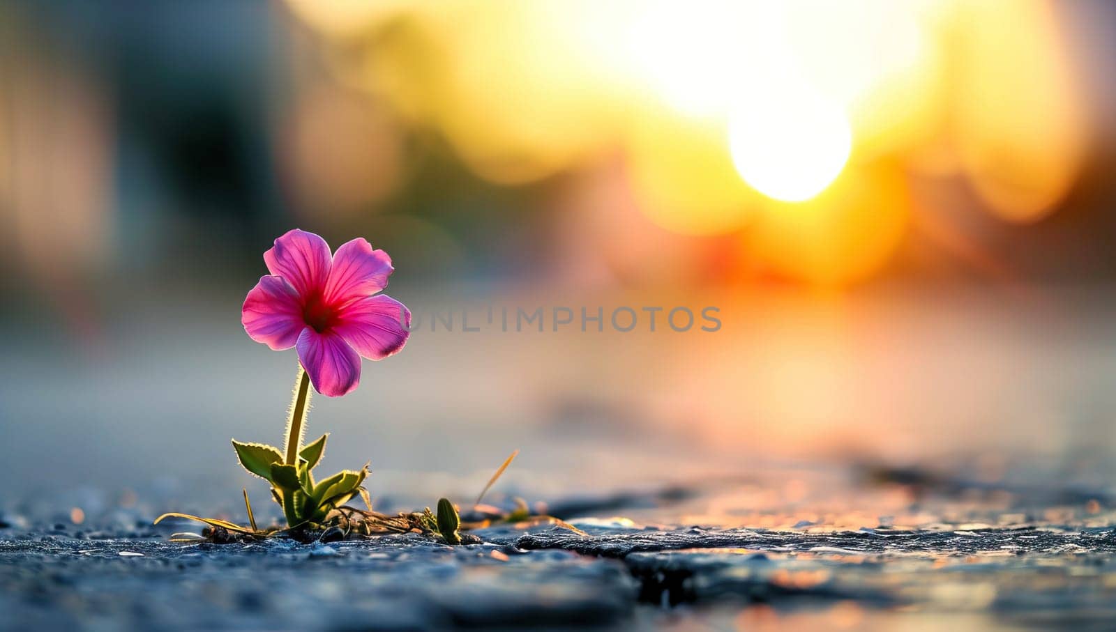 Pink flower blooming amidst concrete at sunset