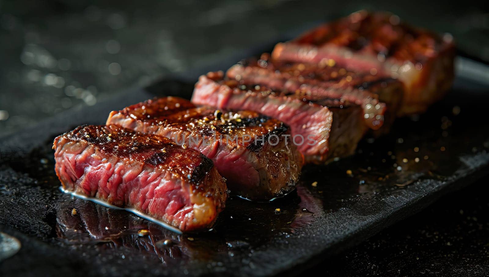Grilled steak slices on a dark surface