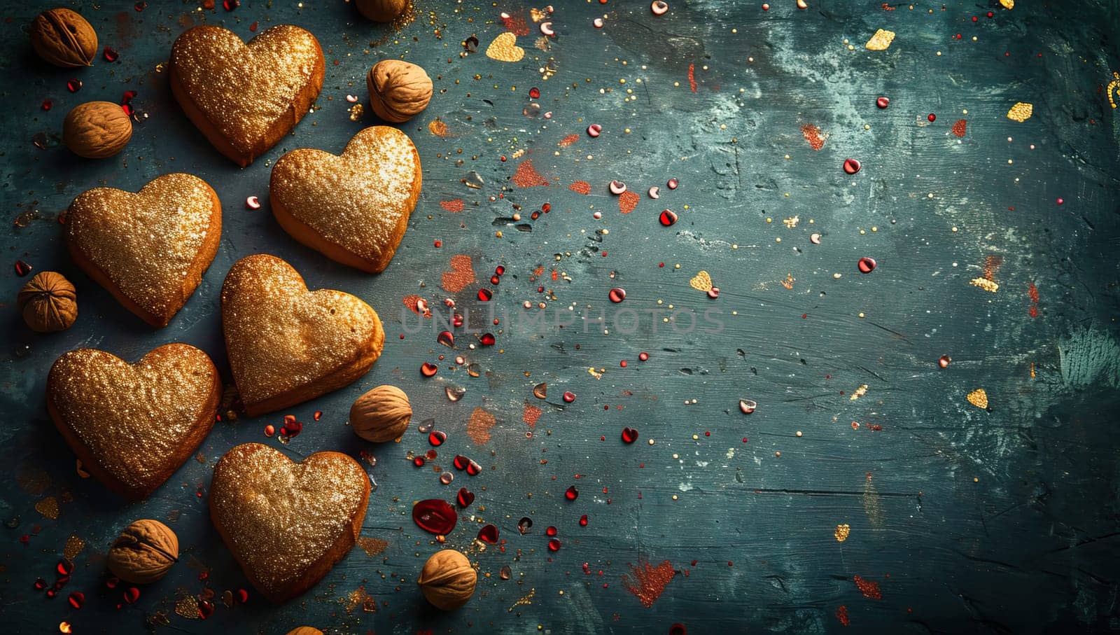 Heart shaped cookies with nuts on rustic background. Toned.