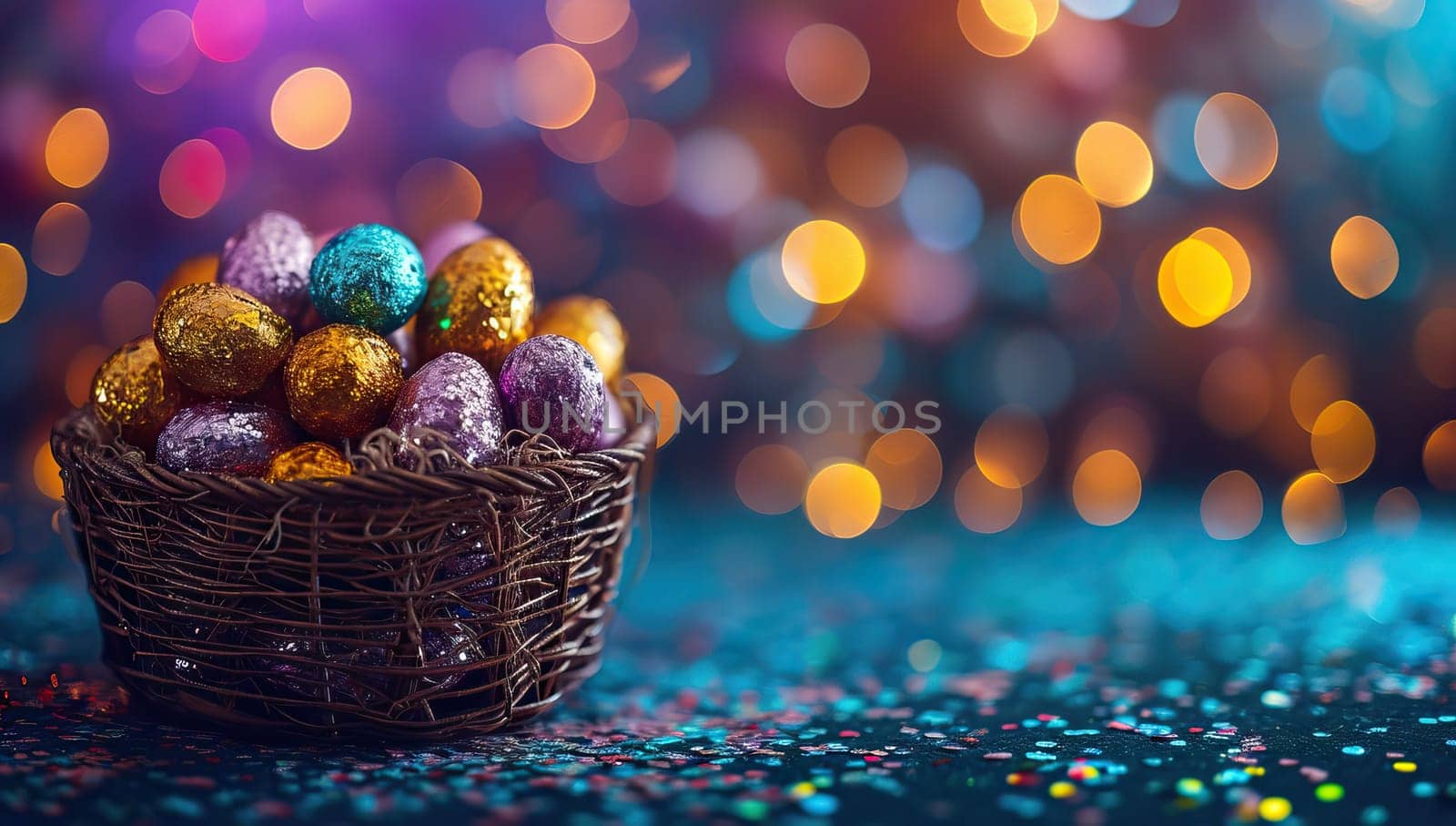 Colorful easter eggs in basket on bokeh lights background