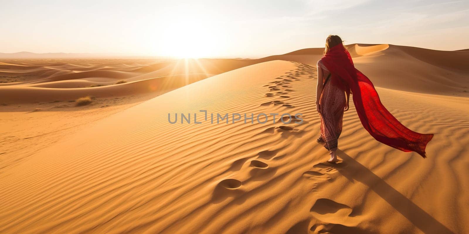 A woman in red fabric walking through the desert at sunrise