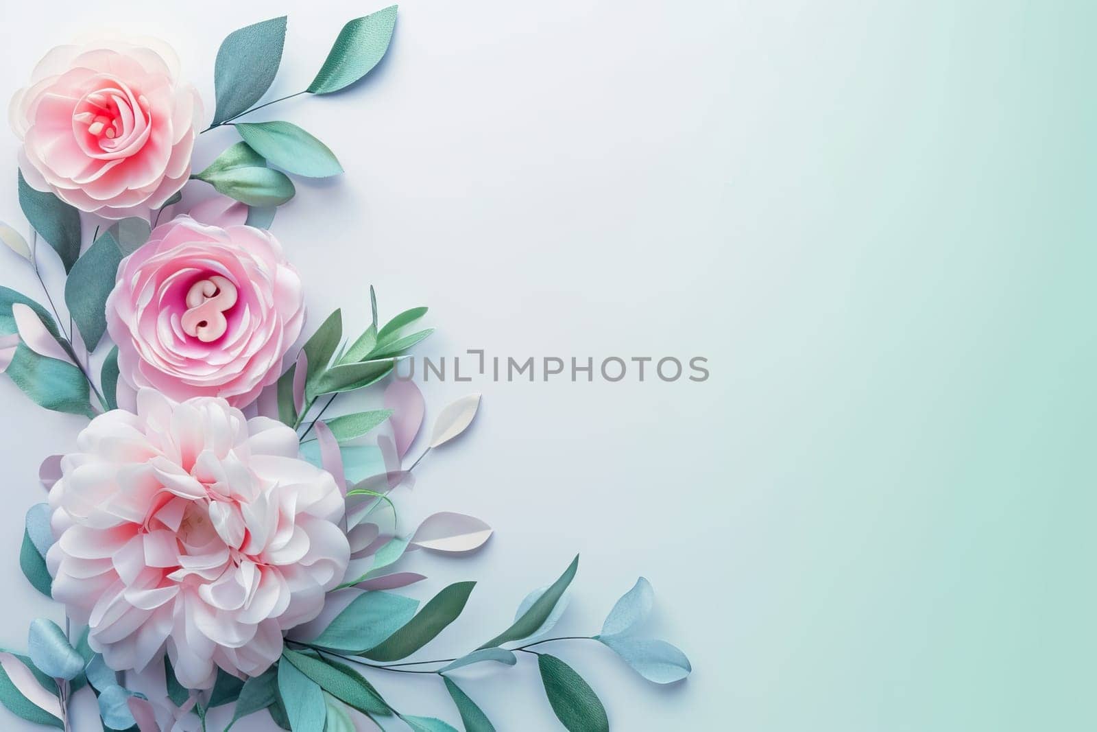 Flowers composition. Pastel pink flowers and green leaves on white background. Flat lay, top view, copy space