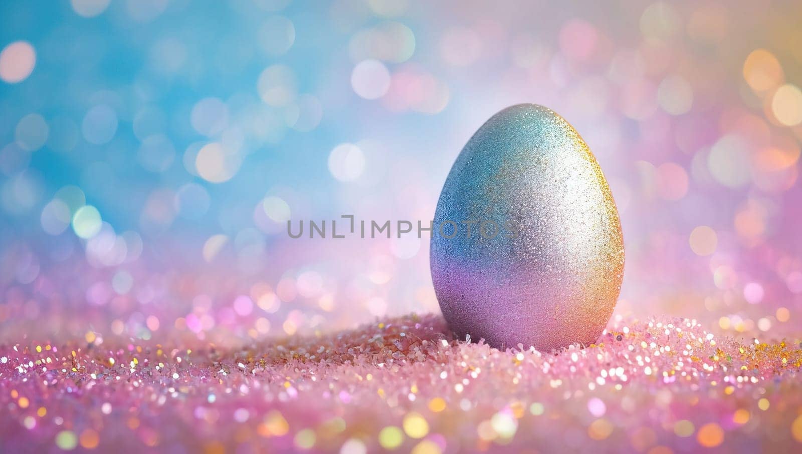 Easter egg on glitter background with bokeh lights and copy space