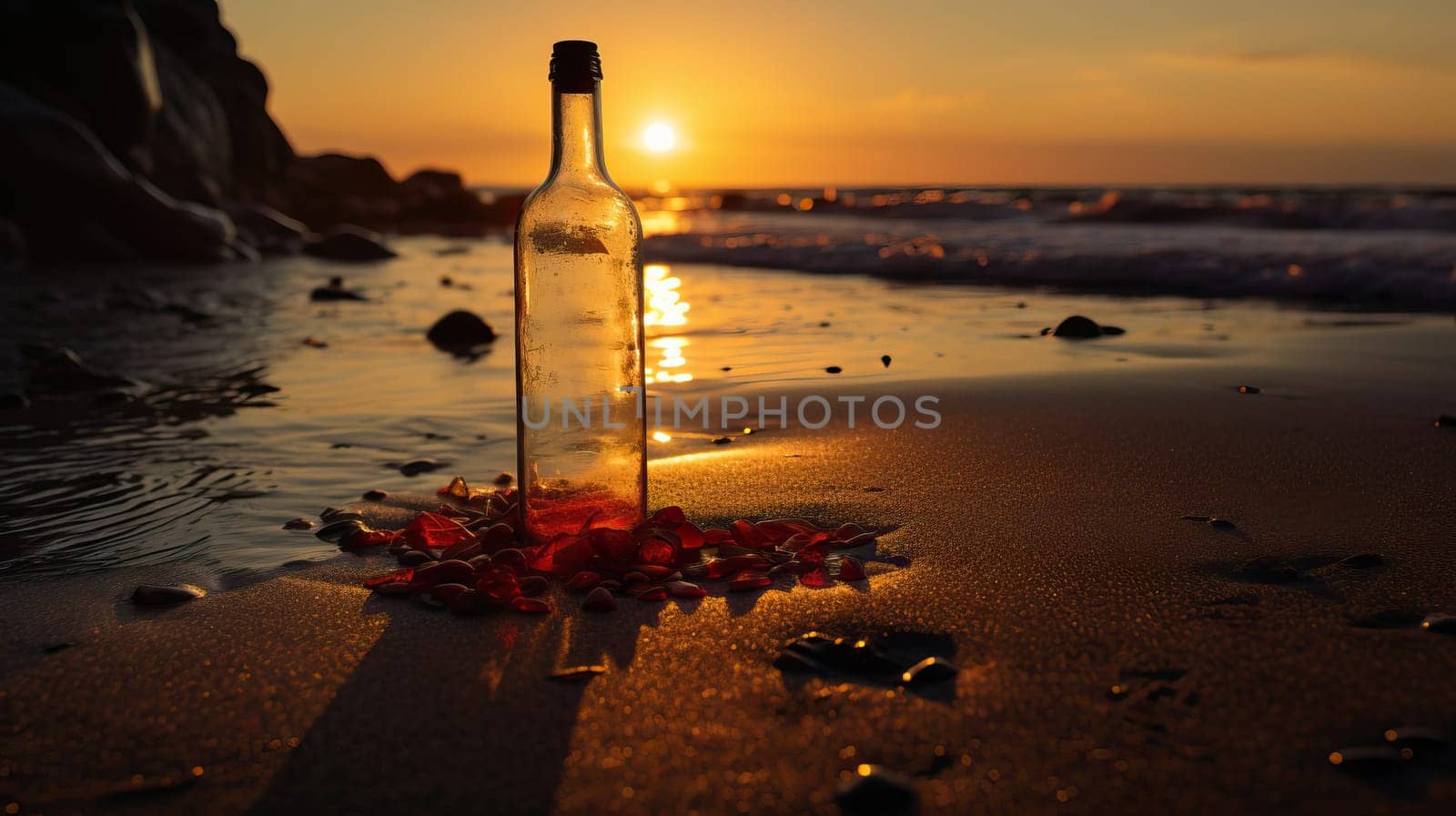 Serene Beach Sunset with Bottle