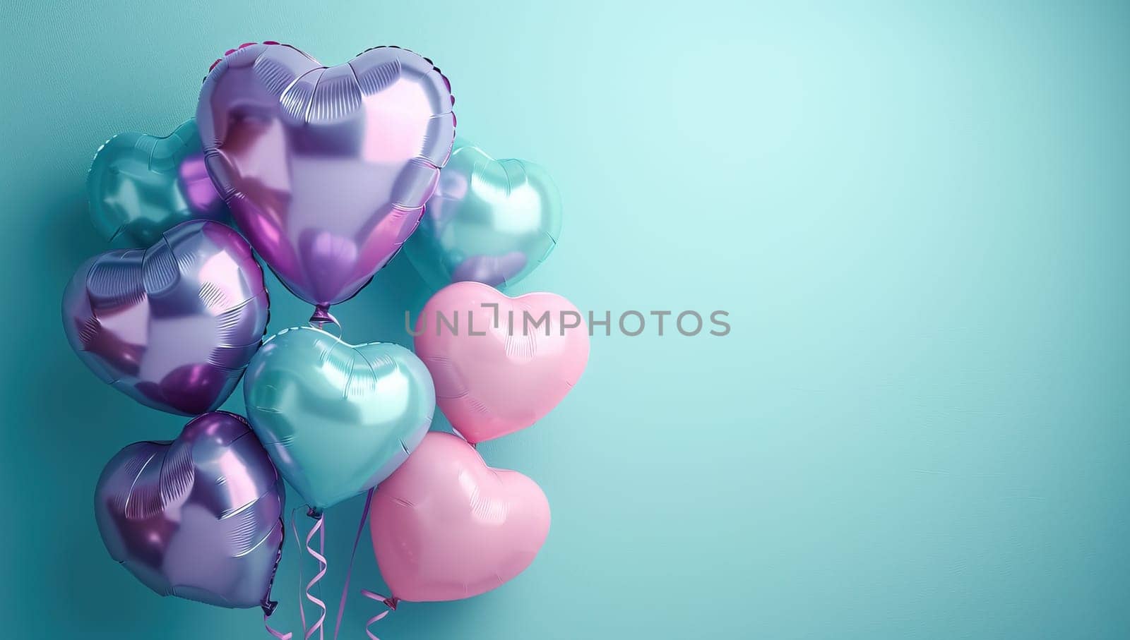 A bunch of colorful heart shaped balloons against a teal background