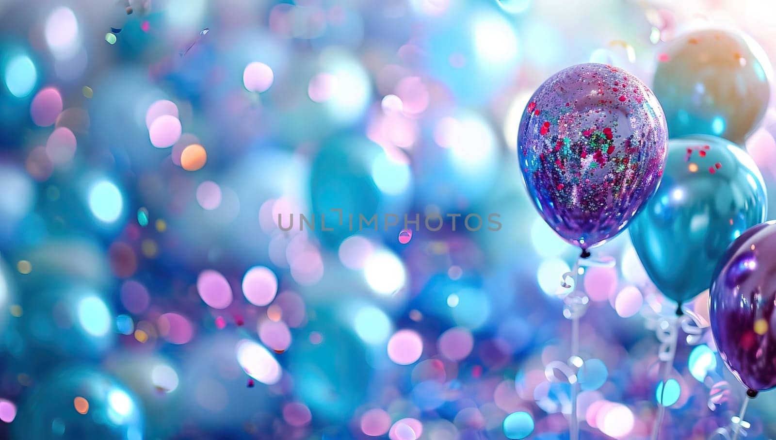 Colorful balloons and confetti on blue bokeh background.