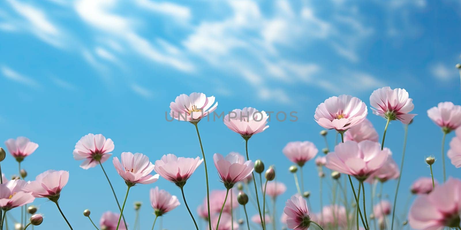 Blooming Pink Cosmos Flowers Under a Clear Blue Sky