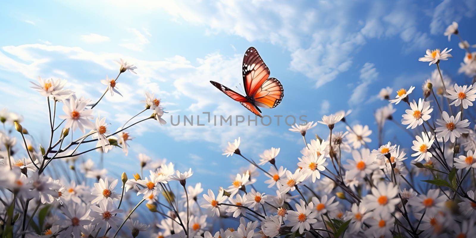 A butterfly in flight amidst blooming white flowers under a clear blue sky