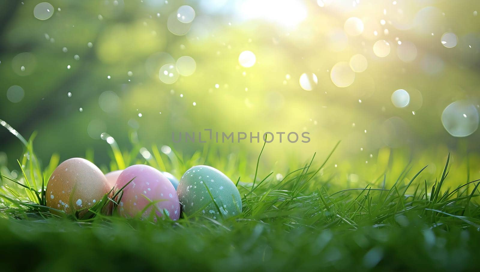 Colorful Easter eggs nestled in green grass under the bright sunlight