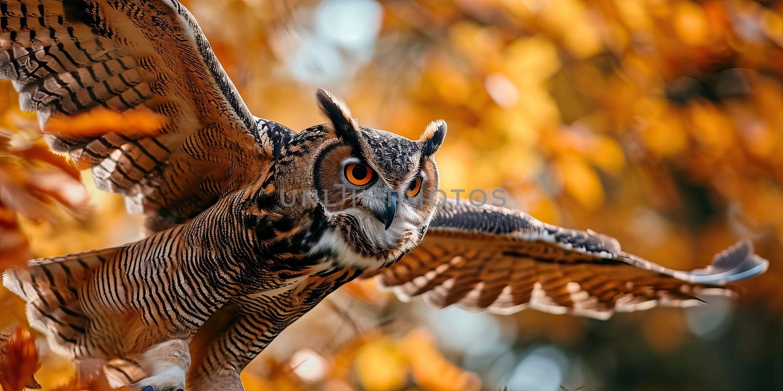 A majestic owl in flight against a backdrop of autumn leaves