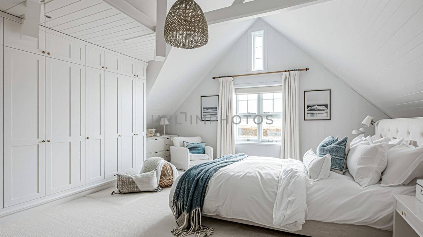 Beautiful interior of luxury bedroom with window sea view. Coastal cottage concept. High quality photo