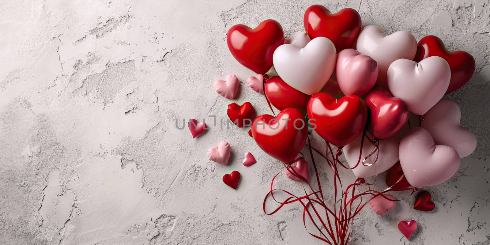 Valentine's day background with red and white heart-shaped balloons.