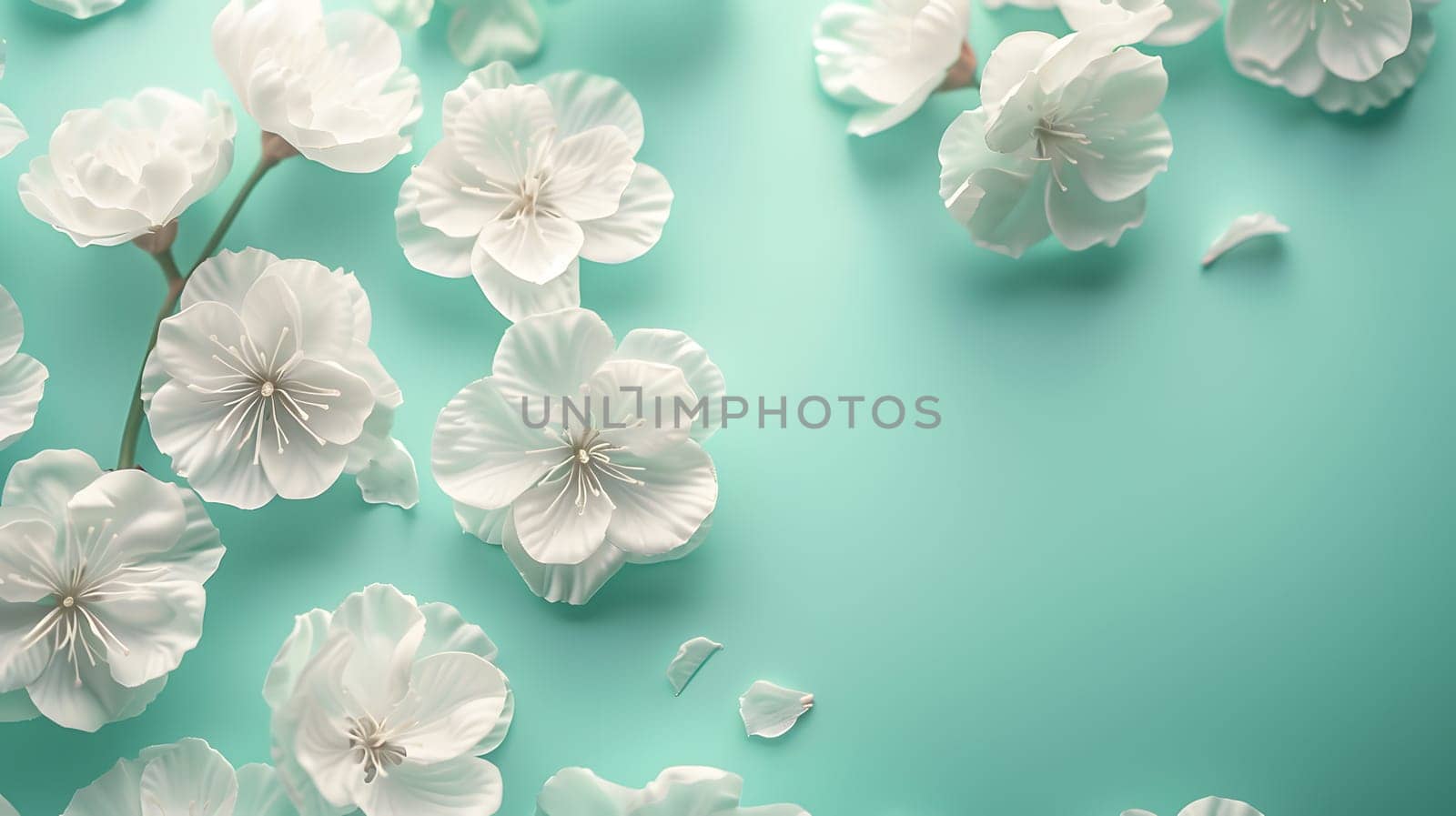 A plethora of white flowers with delicate petals can be seen against a striking azure background. The contrast between the flowers and the electric blue backdrop is captivating