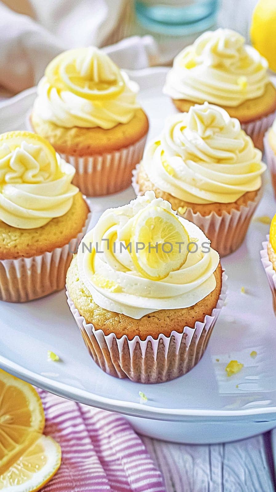 Homemade lemon cupcakes with buttercream frosting, baking recipe