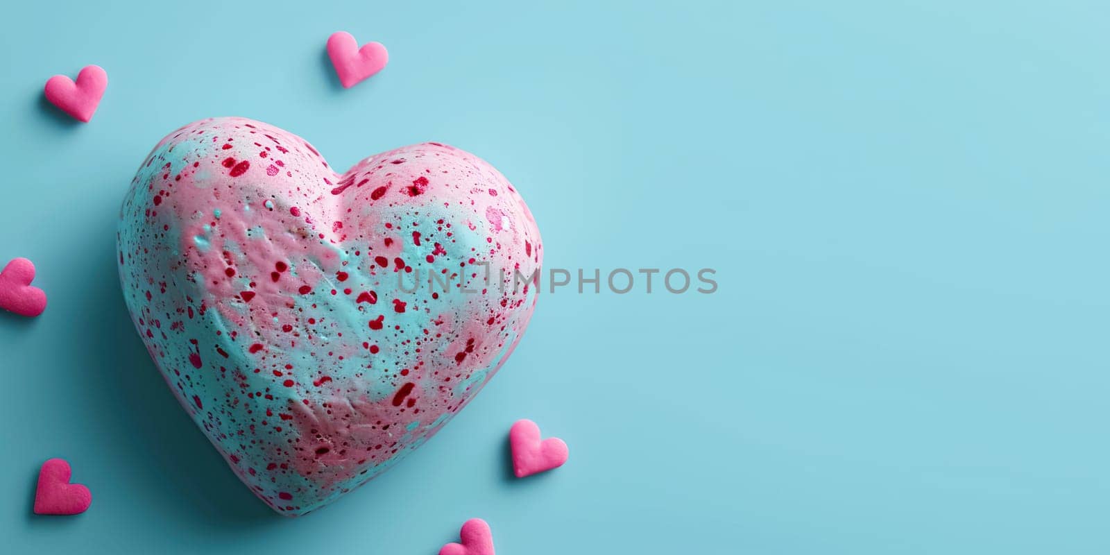 Speckled heart surrounded by smaller hearts on a teal background. Valentines day concept by ailike